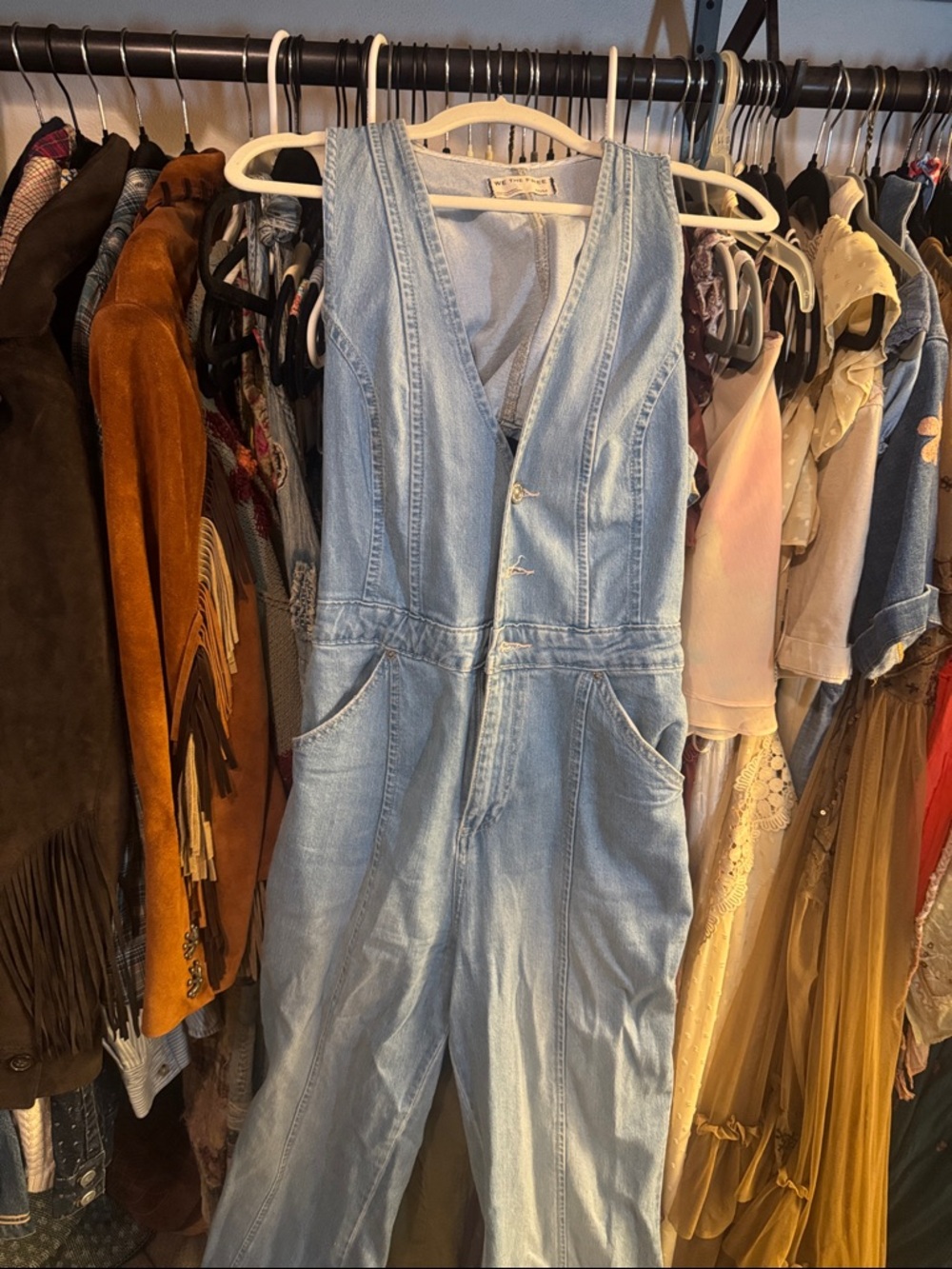 We The Free Light Blue Denim Sleeveless Overalls Jumpsuit